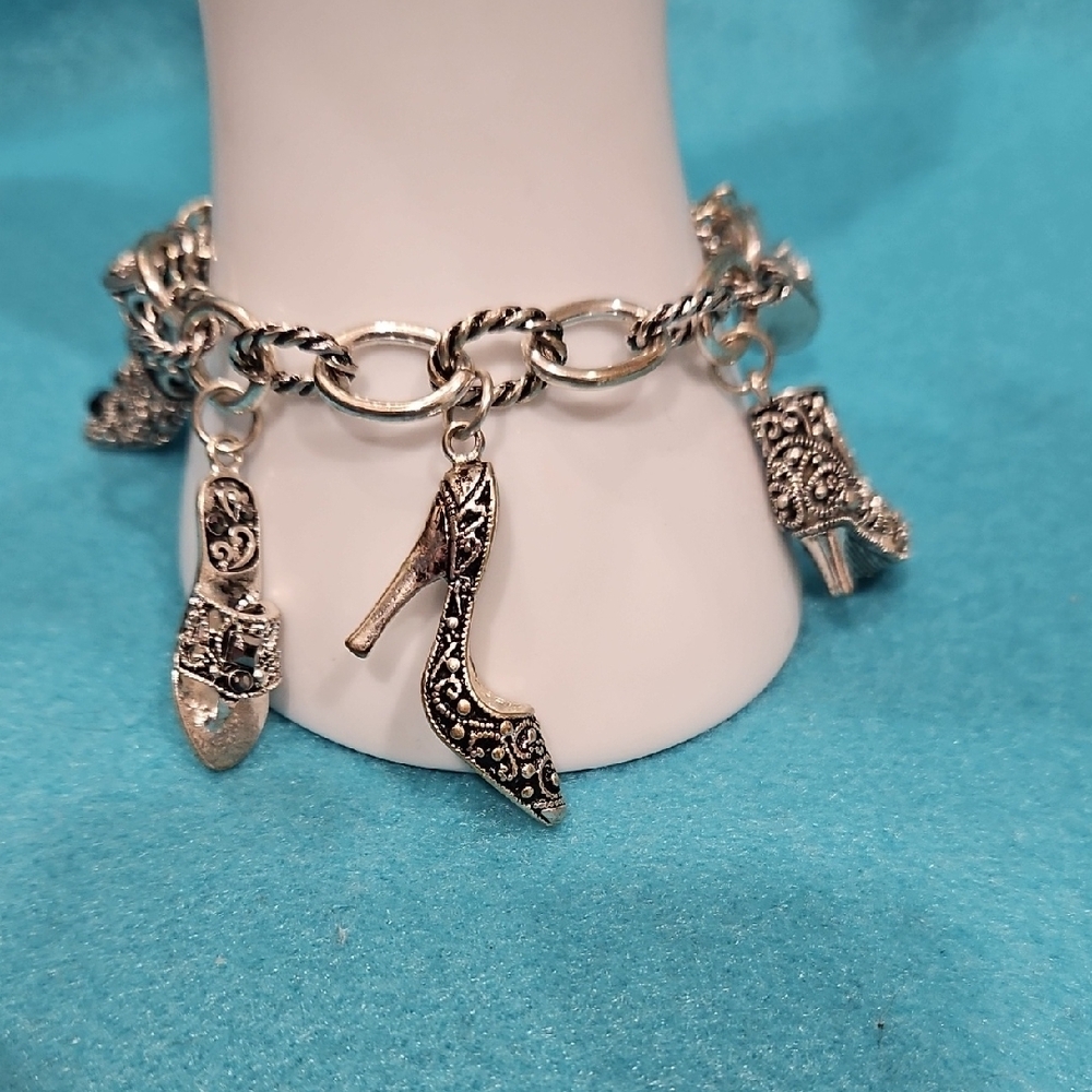 Silver Charm Bracelet with Shoe Pendants